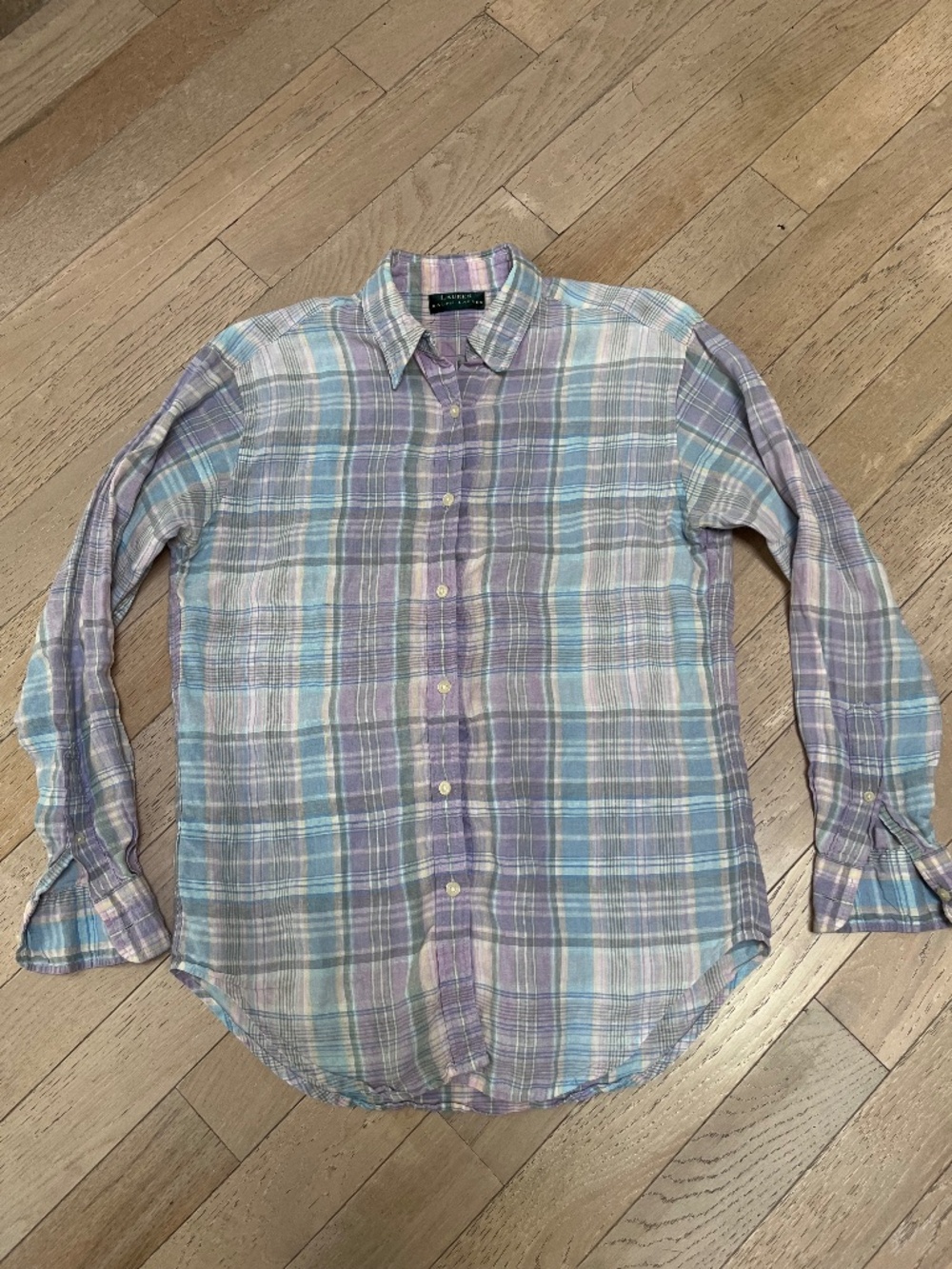 Lauren Ralph Lauren Women's Linen Plaid Button Down Shirt Lavender Blue Green